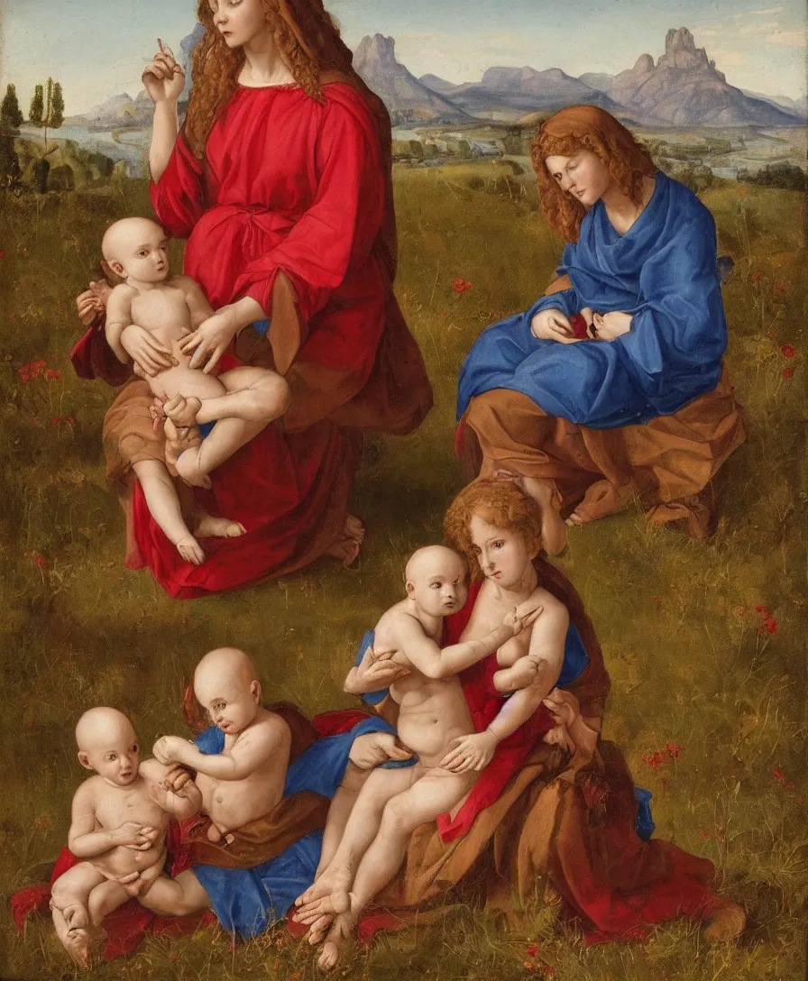 Prompt: Detailed Portrait of Madonna, curly red hair red shirt blue cloth, with infant Jesus, bald, holding a thin cross and arguing with another boy in front of Madonna in the style of Raffael. They are sitting in a dried out meadow near Florence, red poppy in the field. On the horizon, there is a blue lake with a town and blue mountains. Flat perspective.