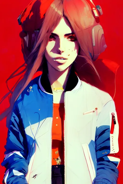 Image similar to a ultradetailed beautiful painting of a stylish woman wearing a bomber jacket, by conrad roset, greg rutkowski and makoto shinkai trending on artstation