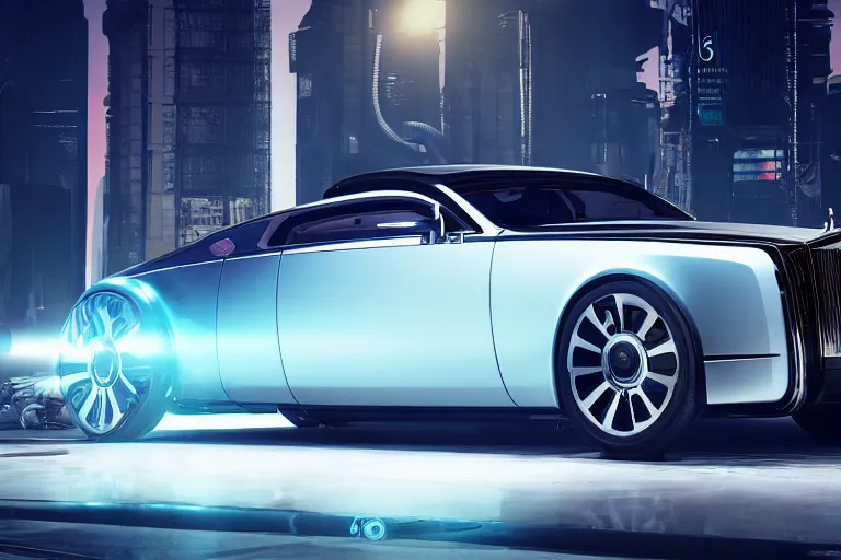 Prompt: Futuristic Rolls Royce Phantom, angular and sharp industrial design, inspired by Cyberpunk 2077 Rayfield, driving across Beverly Hills, futuristic car concept, concept automobile design, telephoto lens, low shot camera angle, cinematic lighting, Octane render, VRay, 3D rendering, Unreal Engine 5