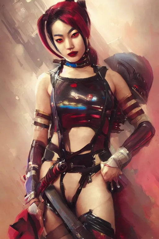 Image similar to portrait of asian Harley Quinn in bikini armor, dc comics, cyberpunk, Warhammer 40000, dark fantasy, digital art from artstation by Ruan Jia and Mandy Jurgens and Artgerm and william-adolphe bouguereau