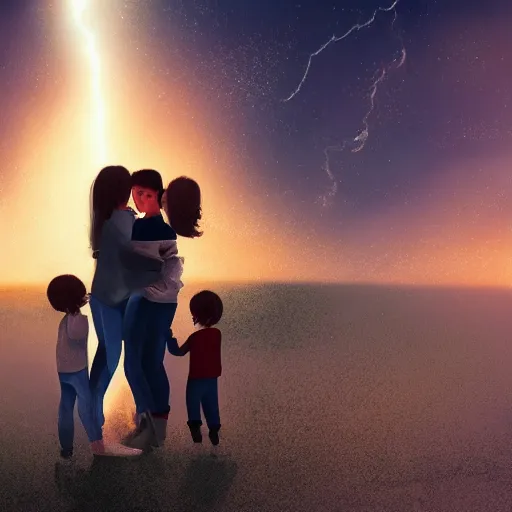 Image similar to A family hugging each other for the last time as the world is ending, meteors are falling from the sky, everything is on fire, dramatic lighting, digital art, very very very very very very beautiful, 8K, dark lighting, trending on Artstation, award winning