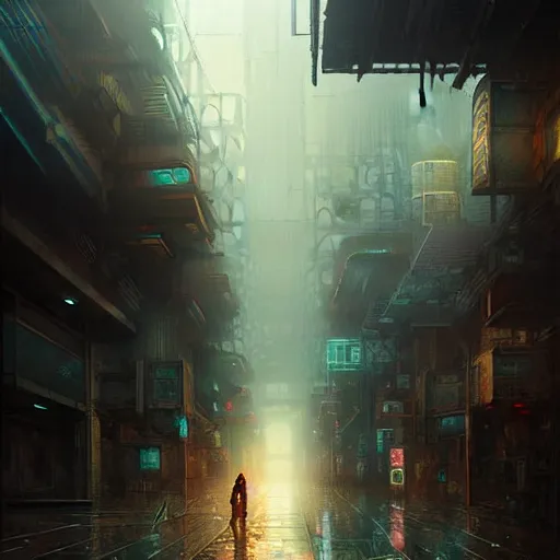 Image similar to an exhausted warrior wandering through a lost cyberpunk city from left to right, rainy day, radiant light, digital painting, art station, cell shaded, by les edwards, by greg rutkowski