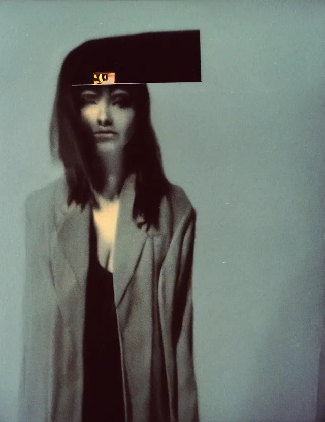 Prompt: polaroid photo with flash, portrait of a woman in oversize blazer, polaroid photo bleached strong lights, kodak film stock, hyper real, stunning moody cinematography, with anamorphic lenses, by maripol, detailed