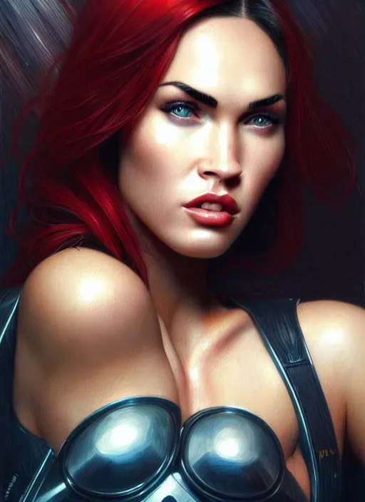 Image similar to portrait of megan fox as v, cyberpunk, technology, science fiction, cd project red, intrigante, headshot, highly detailed, digital painting, artstation, concept art, sharp focus, cinematic lighting, illustration, art by artgerm and greg rutkowski, alphonse mucha, cgsociety