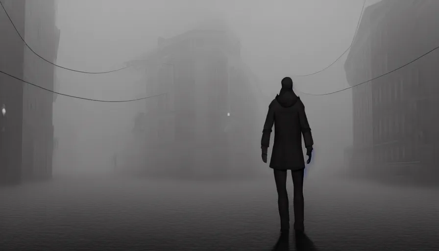 Prompt: a man standing, silent hill streets, fog, empty streets, hyperdetailed, artstation, cgsociety, 8 k