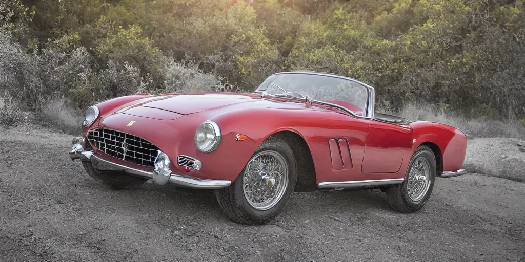 Image similar to photograph, 1958 FERRARI 250 GT, by Peter Singhof, press release, cinematic, malibu canyon, 8k, depth of field, bokeh. rule of thirds