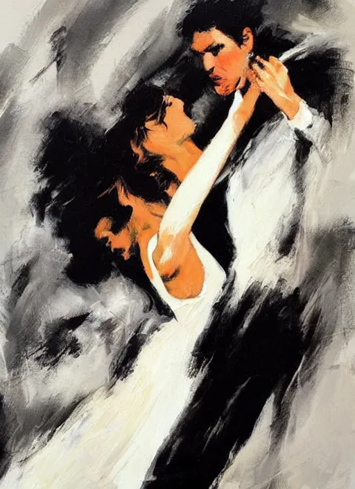 Image similar to tango dancerin in white dress, painting by phil hale, fransico goya,'action lines '!!!, graphic style, visible brushstrokes, motion blur, blurry, visible paint texture, crisp hd image