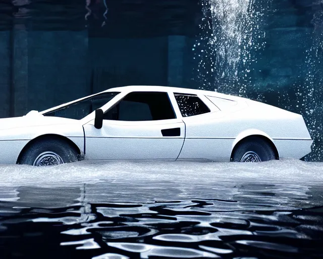 Image similar to white lotus esprit submerged under water, cinematic, photoreal, by red dead redemption 2