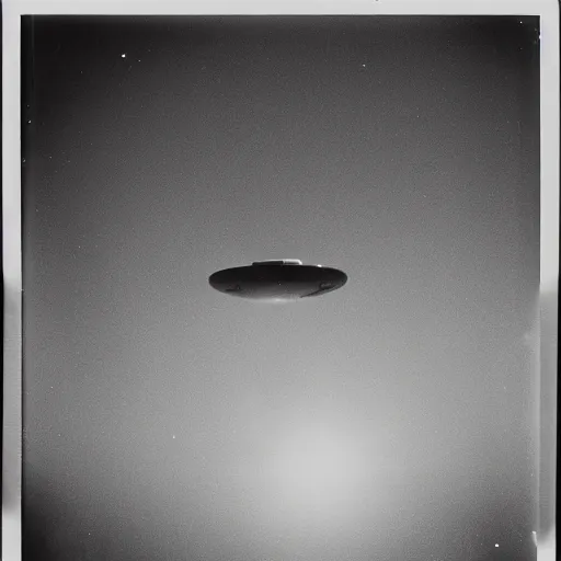 Image similar to polaroid photograph of ufo taken in the sky, hanebau, 1 9 5 0 s, black and white, blurry