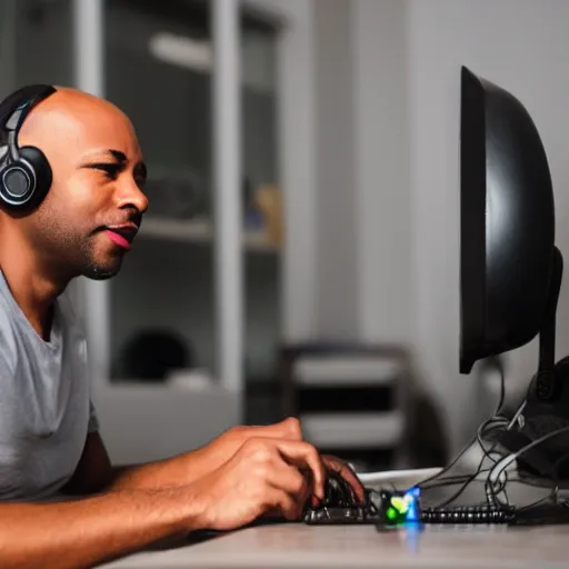 Prompt: a bald black man playing on pc with headphones