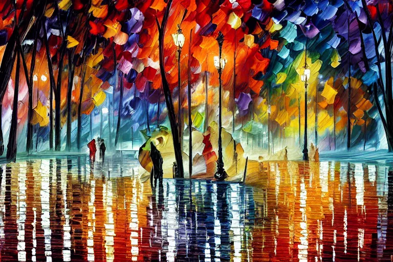 Image similar to a painting of a park at night by leonid afremov and william degouve de nuncques, rain puddles, a glitched dystopian city in the background, in foreground two plague doctors, subdued colors