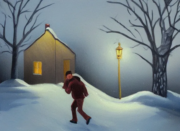 Prompt: painting depicting a man running away from a small house with one bright window. snowy. night. oil painting.