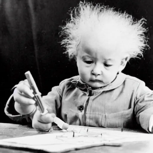 Image similar to Baby Albert Einstein making a crayon drawing of plans for a rocket