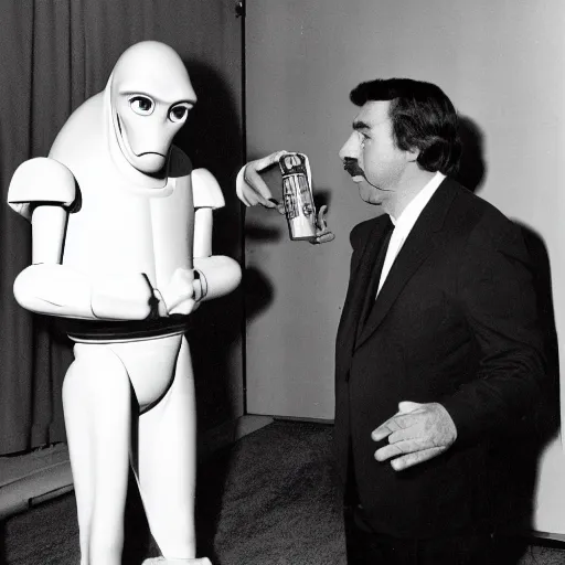 Image similar to old film photography of jaime maussan and a real alien having a conversation