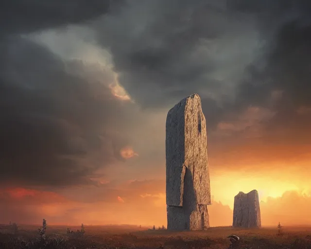 Image similar to monolithic black monolith standing above a stormy dark forest at sunset, illustration, by ( kieran yanner ) ( miranda meeks ) ( anna podedworna ) ( cristi balanescu ), digital art
