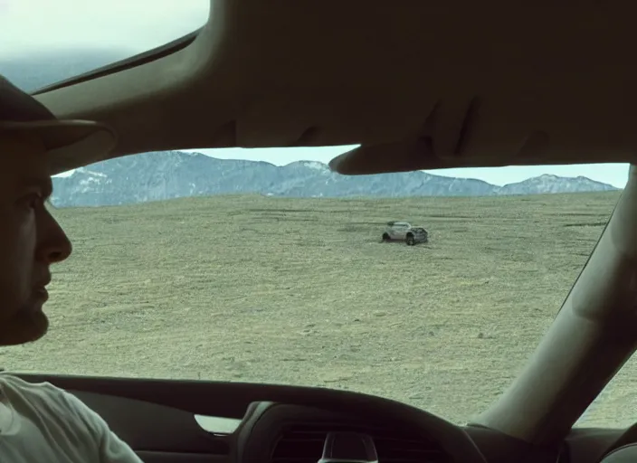 Image similar to a very high resolution image from a new movie, eminem driving a car. inside of a car. alone. mountains, directed by wes anderson