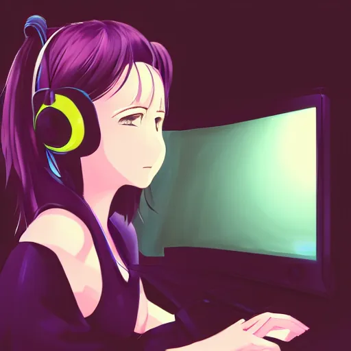 prompthunt: anime drawing of a gamer girl playing a game on her computer,  portrait shot of her face lit up by the monitor, dark atmosphere