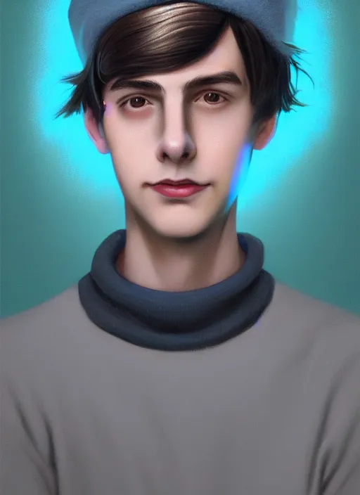 Image similar to portrait of teenage jughead jones wearing a light grey crown, crown, blue turtleneck, 1 9 5 0 s, closed eyes, photorealistic, black hair, glowing lighting, intricate, elegant, glowing lights, highly detailed, digital painting, artstation, concept art, smooth, sharp focus, illustration, art by wlop, mars ravelo and greg rutkowski