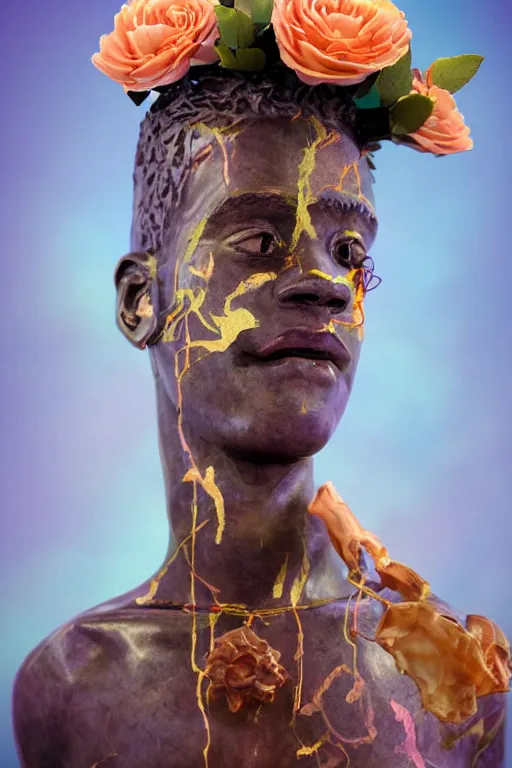 Image similar to milky quartz statue of a beautiful basquiat wearing a crown full of peach roses and reaching to the sky. rococo style scroll ribbon wirling across the sky, papyrus, background heavenly sky, marble, Trending on artstation. halo. octane render, cinematic, hyper realism, octane render, 8k, depth of field, 3D