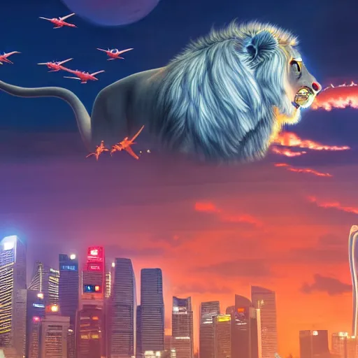 Image similar to Singapore night city with a lion-shaped cloud in the sky and a squadron of chinooks flying in the sky, by by James Jean and Wayne Barlowe, red and white lighting, digital art, ultra realistic, ultra detailed, photorealistic, 4k, character concept