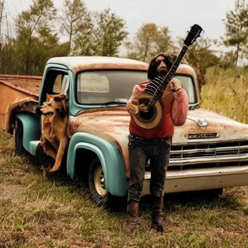 Image similar to A folkpunk brown hound dog playing the guitar, in front of a pickup truck, after the apocalypse