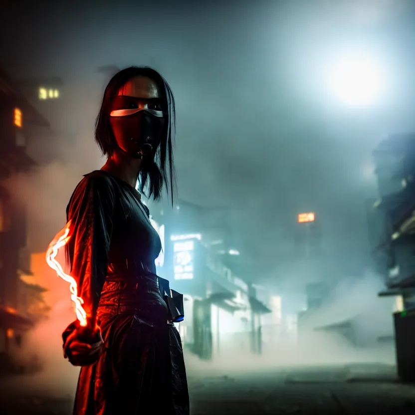 Image similar to a photo close up cyberpunk woman, wearing ninja mask, fire dance in cyberpunk dirty alley, smoke mist rain, cyberpunk gunma prefecture, midnight, photorealistic, cinematic color, studio lighting, highly detailed, bokeh, style by tomino - sama