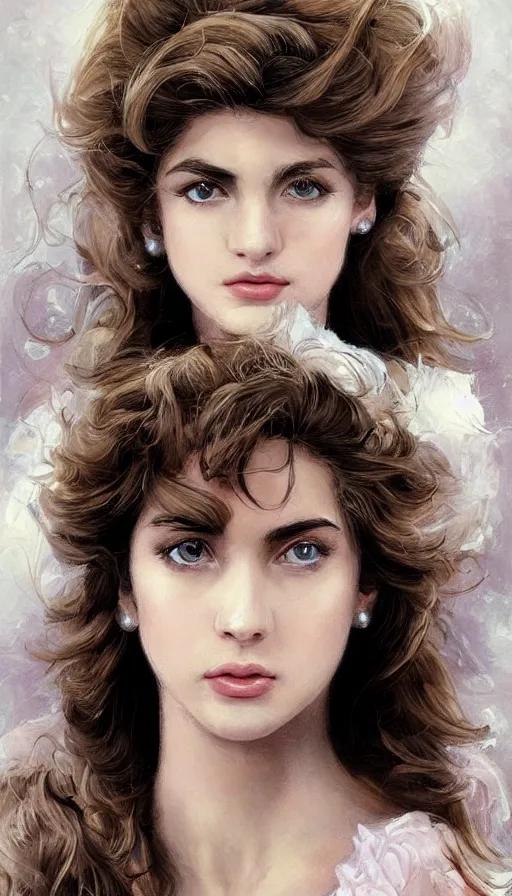 Prompt: portrait of young brunette from 1985, 80s theme, 80s hair, dreamy and ethereal, expressive pose, big brown eyes, peaceful expression, ornate frilly dress, fantasy, intricate, elegant, rose tones, highly detailed, digital painting, artstation, concept art, smooth, sharp focus, illustration, art by artgerm and greg rutkowski and alphonse mucha