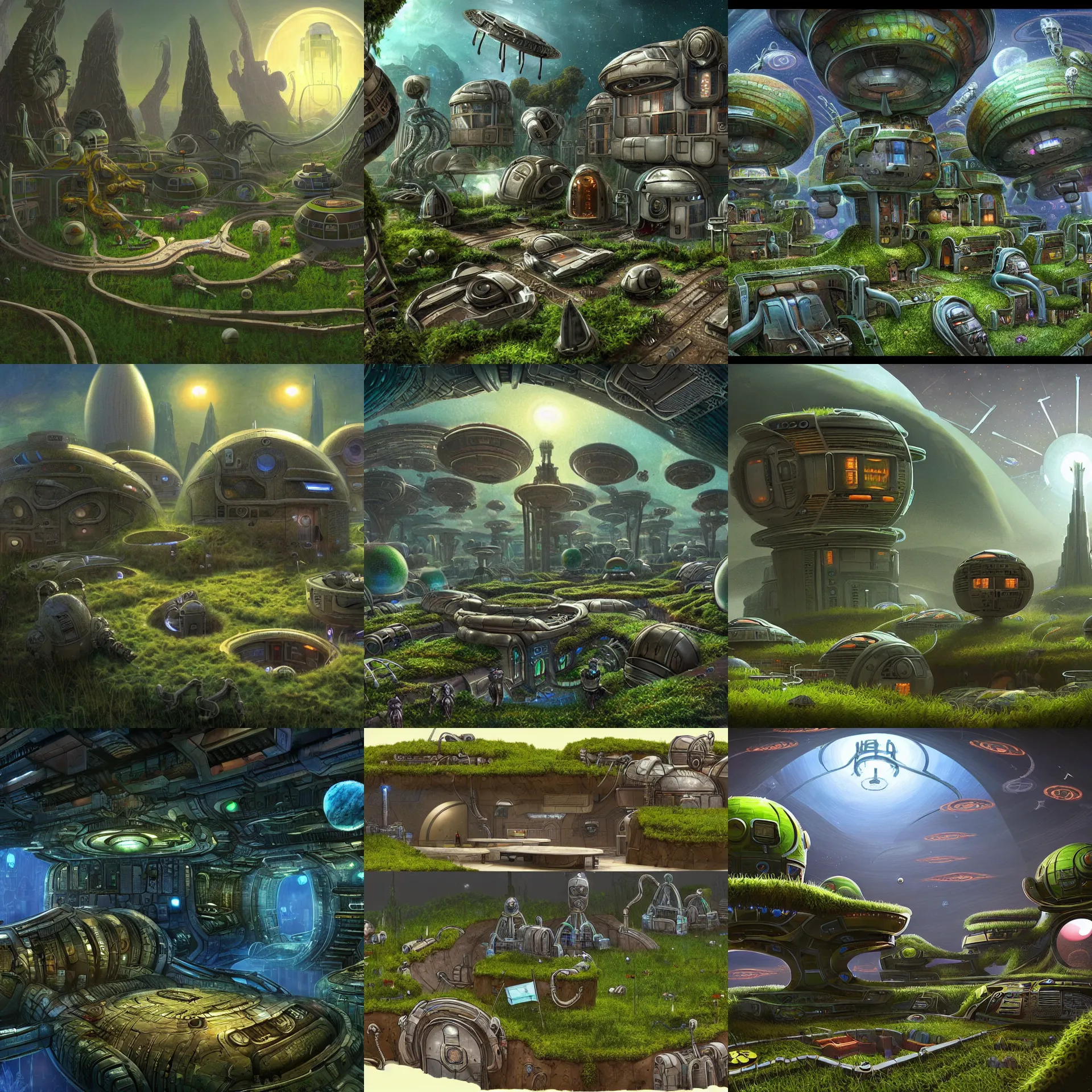 Prompt: a small colony, with buildings made from modular capsules, on an alien grassland, on an alien planet, from a space themed point and click 2 d graphic adventure game, set design inspired by hg giger and ridley scott and tomb raider, art inspired by thomas kinkade