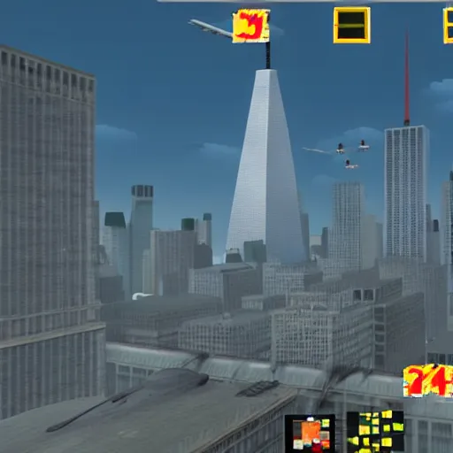 Prompt: a screenshot from the video game super 9 / 1 1, in which players control planes and intend to hit as many towers as possible