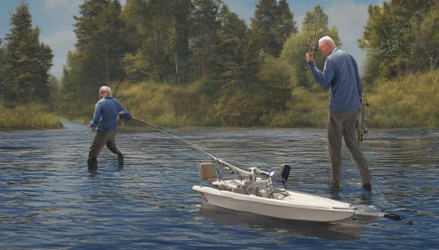 Image similar to joe biden fishing, hyperdetailed, artstation, cgsociety, 8 k