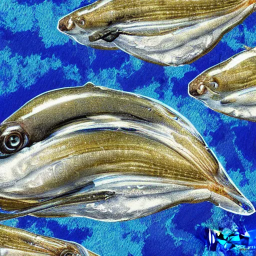 Prompt: plump anchovies build an archipelago in the sheltered waters of a warm tropical ocean, digital art