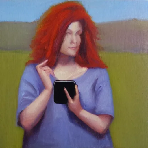 Image similar to red head woman, on her iPhone, trying to figure out how to use discord. Oil painting.