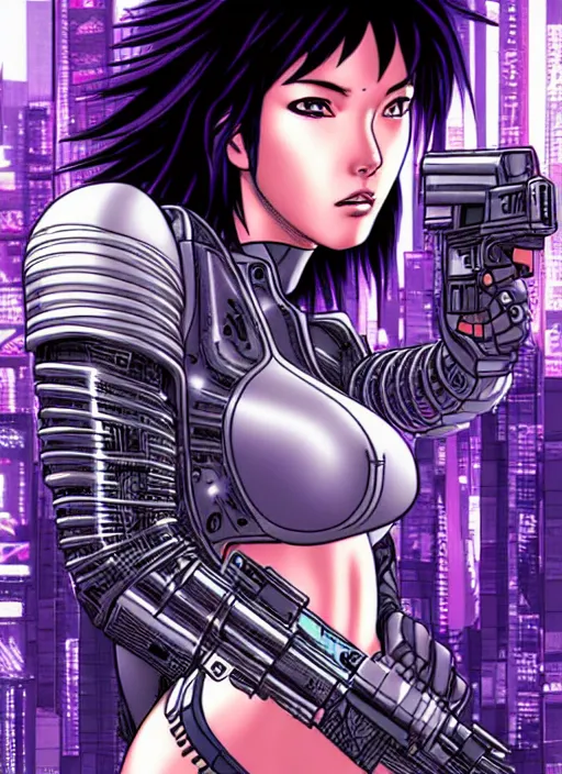 Image similar to motoko kusanagi in grungy cyberpunk megacity, intricate and finely detailed, cyberpunk vaporwave, portrait by j scott campbell