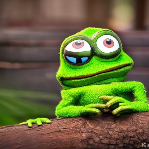 Prompt: baby pepe the frog, larg eyes, sitting on a log, wearing a bowler hat, pixar, disney, dynamic lighting, bokeh