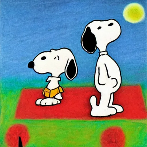 Image similar to snoopy and woodstock by dora carrington, oil pastels