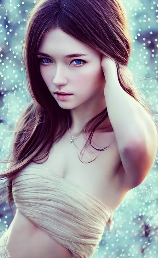 Image similar to a gorgeous russian female photo, bokeh, beautiful face, professionally retouched, soft lighting, realistic, smooth face, full body shot, torso, dress, perfect eyes, sharp focus on eyes, 8 k, high definition, insanely detailed, intricate, elegant, art by artgerm and kyoung hwan kim