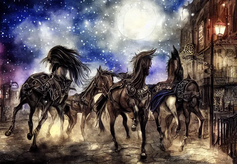 Prompt: horses riding through a steampunk city at night under a dark starred sky, dark fantasy, digital art, watercolor, high detail, dreaming illusion