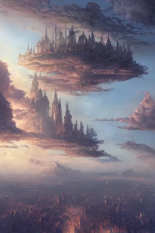 Image similar to a beautiful hyper realistic detailed matte painting of a city floating in the air, flying castle might, vivid color hues, looks like creativity by john howe, greg rutkowski, gustave dore, ferdinand knab, lush sky above a desolate apocalyptic plain, barometric projection, rectilinear, octane render, ellen jewett, beautiful surreal palatial pulsar at dawn