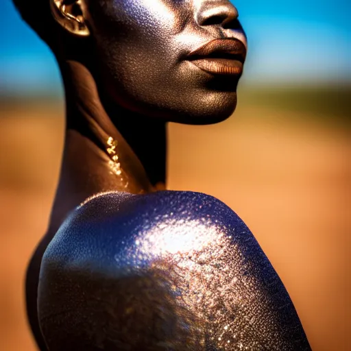 Prompt: portrait of metallic reflecting face, african woman, subtle iridescence, smooth, proud looking away, outdoor, blue sky, nature, 8 k, realistic, depth of field, highly detailed, award winning photography,