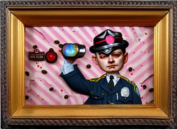Image similar to a donut cop, lowbrow, matte painting, 3 - d highly detailed, in the style of mark ryden,