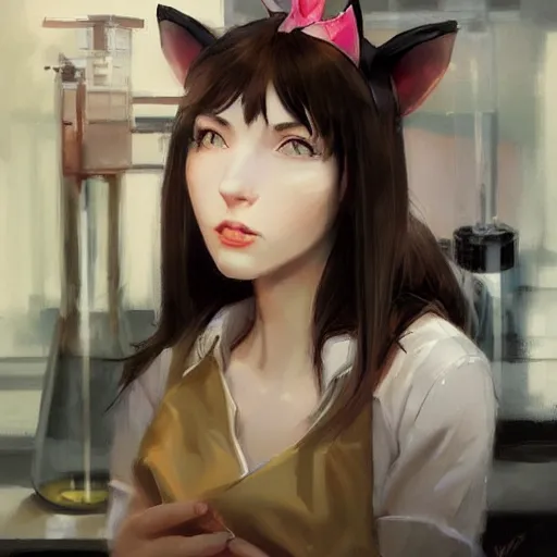 Prompt: Girl with cat ears in a chemistry lab, by WLOP, by Artgerm, by Michael Garmash, by Rob Rey, digital art, trending on artstation, beautiful lightning, atmospheric