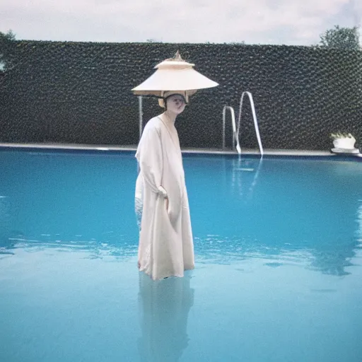 Prompt: woman wearing a wire and linen cloak standing in a pool, kodak vision3 500t,