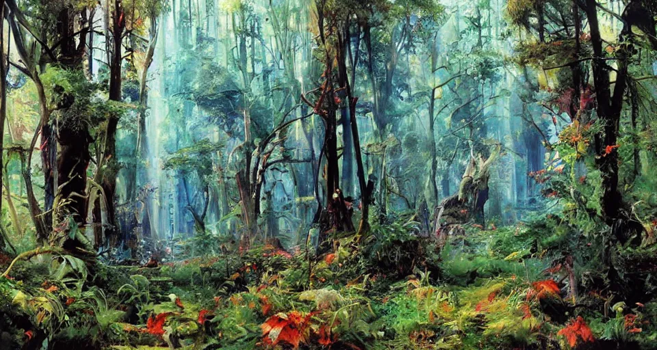 Prompt: Enchanted and magic forest, by John Berkey