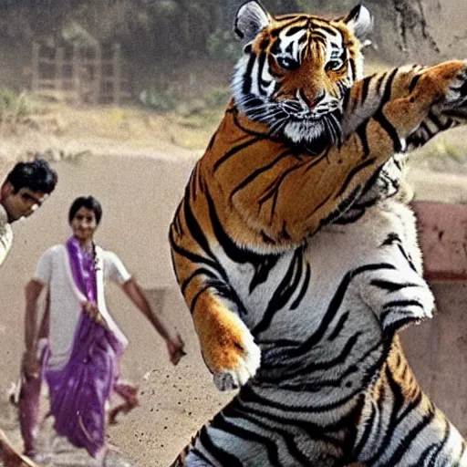 Image similar to man throws a tiger, still from bollywood film