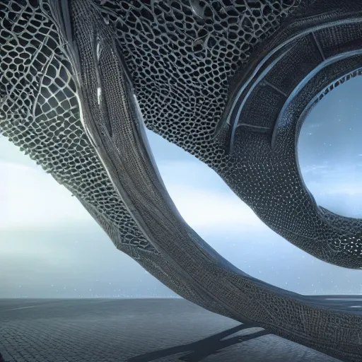 Image similar to starship exiting stargate made of molten honeycomb structure, intricate detail, royo, whealan, giger, hd, 8 k, octane render, unreal engine,