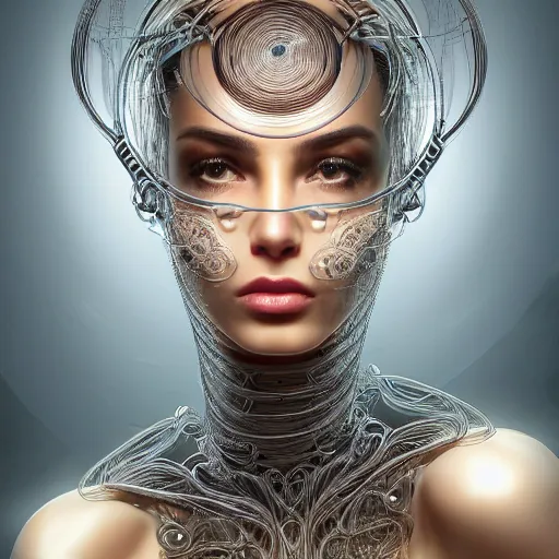 Image similar to very beautiful woman integrating with technology, full face frontal centered, portrait, insipiring, detailed intricate ornate cables connected to head, big open electric eyes, luxurious detailed abundent wiring and implants, diamonds, sci-fi, neon, emeralds, detailed technology full background, highly detailed, artstation, Rene Lalique and Eddie Mendoza and Gil Elvgren