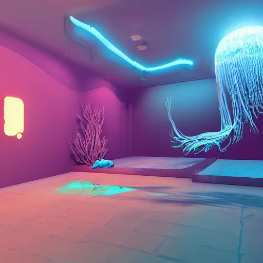 Prompt: the realistic photo of the modern room as aquarium with a big jellyfish and corals, under the ocean, realistic colors, realistic shadows, daylight made in blender, hd, 3 d by beeple and damian hirst