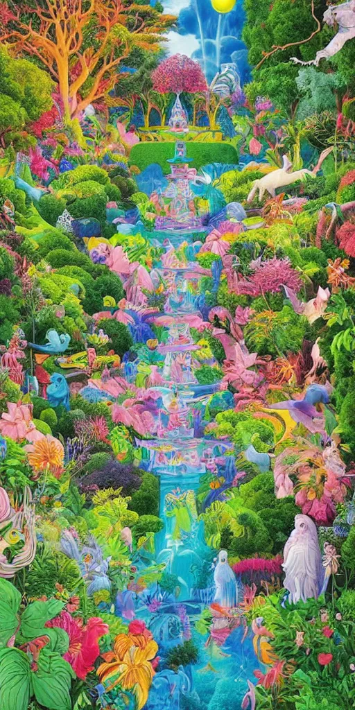 Image similar to bosch and beeple ( ( ( and lisa frank ) ) ) painting of a magnificent garden filled with remarkable sculptures, trees, and structures, incredible details