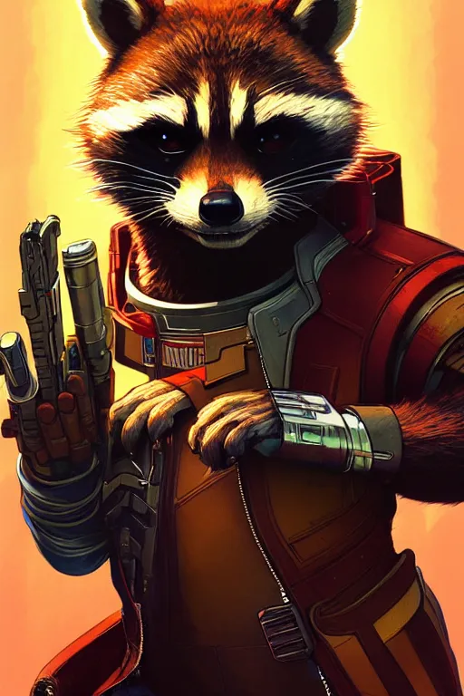 Prompt: a portrait of rocket raccoon from guardians of the galaxy, fantasy, sharp focus, intricate, elegant, digital painting, artstation, matte, highly detailed, concept art, illustration, ambient lighting, art by ilya kuvshinov, artgerm, alphonse mucha, and greg rutkowski