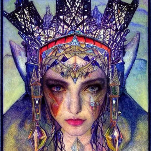 Prompt: the crystal crown, by Luis Royo Annie Swynnerton and Nicholas Roerich and Diego Rivera, tattooed bioluminescent skin, elaborate costume, geometric ornament, symbolist, rich color, dramatic cinematic lighting, smooth, sharp focus, extremely detailed